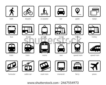 City public transport icons set. The outline icons are well scalable and editable. Contrasting vector elements are good for different backgrounds. EPS10.