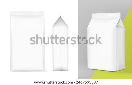 Vertical bag mockup. Flat bottom bag. Front, side, half side view. High realistic. Vector illustration isolated on white background. Ready for use in presentation, promo, advertising and more. EPS10.