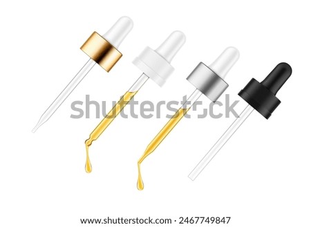 Pipette mockups for dropper bottle isolated on white background. Vector illustration. Front view. Сan be used for cosmetic, medical and other needs. EPS10.