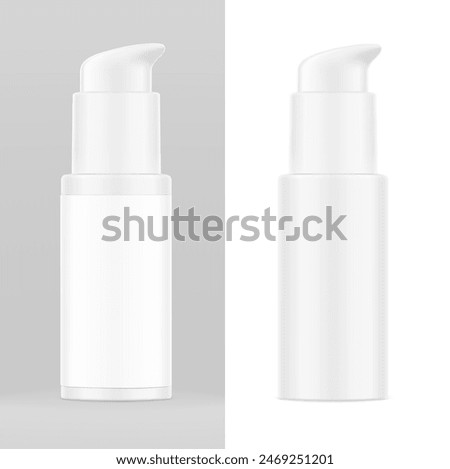 Airless pump bottle with label mockup isolated on white background. Vector illustration. Сan be used for cosmetic, medical and other needs. Symmetrical lighting scheme. EPS10.	