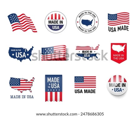 Set of flags, ribbons, signs with the USA flag. Vector illustration isolated on white background. Ready to use for your design, presentation, promo, ad. EPS10.