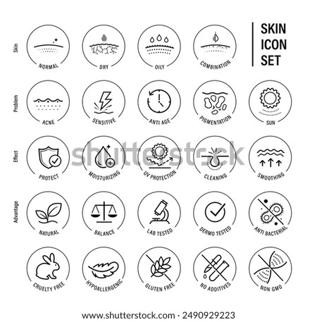 Skin types and cosmetics icon set. The outline icons are well scalable and editable. Contrasting elements are good for different backgrounds. EPS10.