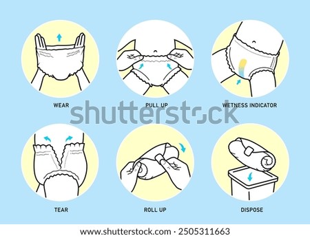 Icons set for Instruction of using diaper pants. The outline icons are well scalable and editable. Contrasting vector elements are good for different backgrounds. EPS10.	