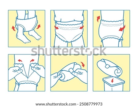 Icons set for instruction of using diaper pants. The outline icons are well scalable and editable. Contrasting vector elements are good for different backgrounds. EPS10.