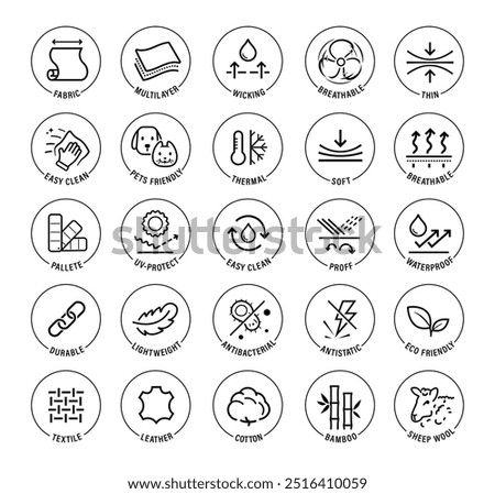 Set icons for functional fabric, clothing. The outline icons are well scalable and editable. Contrasting vector elements are good for different backgrounds. EPS10.	