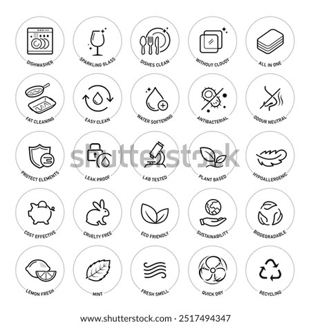 Set icons for automatic dishwashing. The outline icons are well scalable and editable. Contrasting vector elements are good for different backgrounds. EPS10.