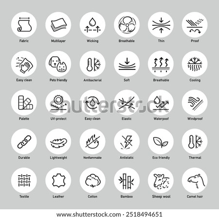 Set icons for functional fabric, clothing. The outline icons are well scalable and editable. Contrasting vector elements are good for different backgrounds. EPS10.	