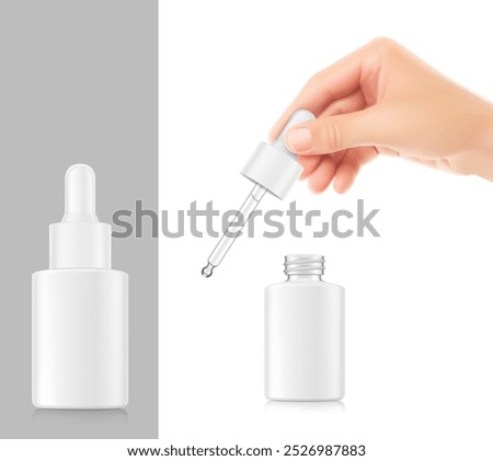 Realistic female hand holding dropper pipette, dropper bottle mockup. Vector illustration isolated on white and grey background. Perfect for promote your product. EPS10.	