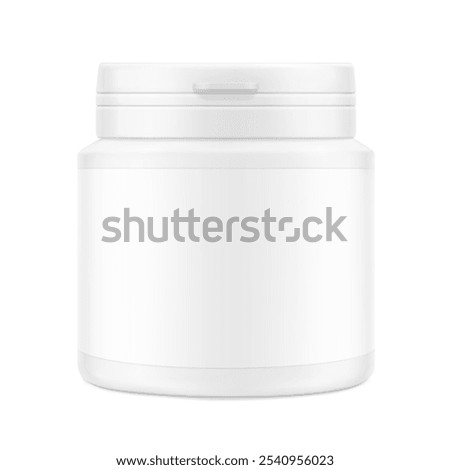 White plastic bottle container with snap-hinge cap. Vector illustration isolated on white background. Front view. Mockup perfect show your product with tamper evident push-on hinged cap. EPS10.