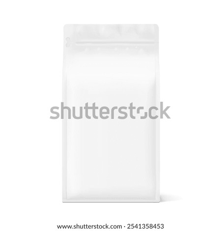 Vertical flat bottom gusset bag with tear off zipper mockup. Front view. High realistic. Vector illustration isolated on white background. Ready for use in presentation, promo, advertising. EPS10.