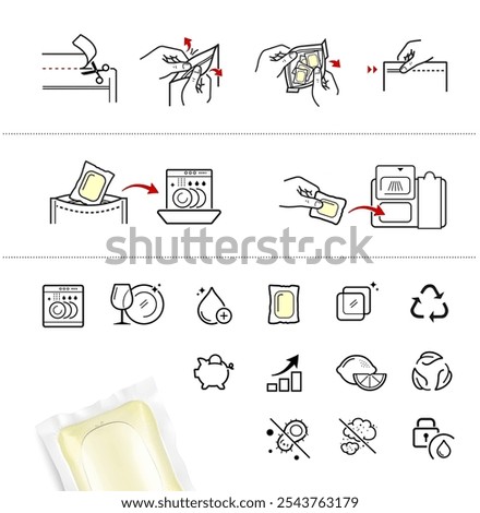 Clear realistic dishwasher capsule with icon set. Icon set shows manual instructions and the main advantages. Vector Illustration isolated in white background. Great for your design. EPS10.