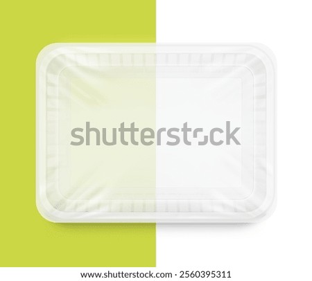 Clear tray container mockup. Vector illustration isolated on white and colour background. Layered template file easy to use for your promo product: meat of animals, chicken, fish. EPS10.