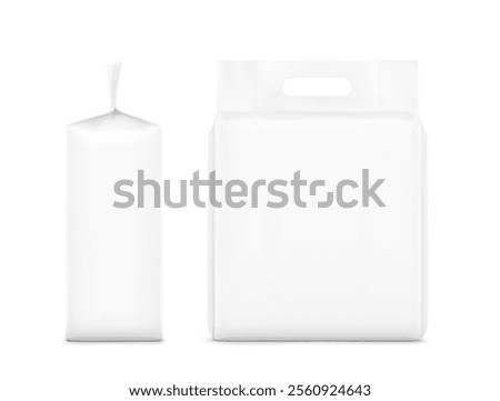 Realistic stand bag with hole handle mockup. Front and side view. Vector illustration isolated on white background. Ready for your design.  EPS10.