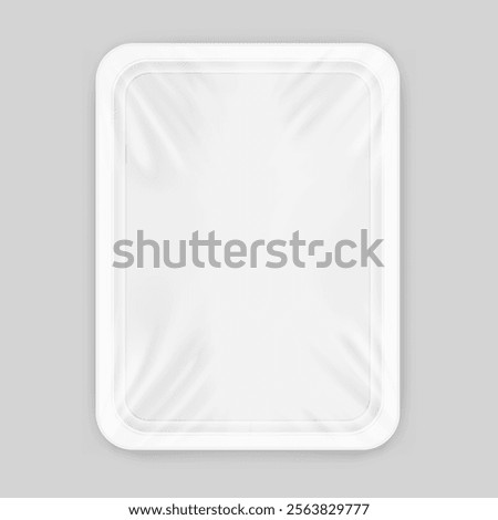 Clear tray container mockup. Vector illustration isolated on grey background. Layered template file easy to use for your promo product: meat of animals, chicken, fish. EPS10.	