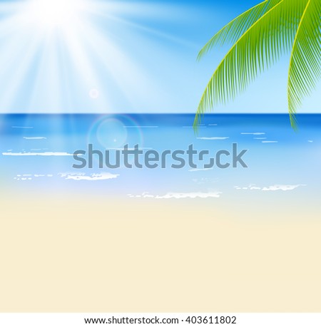 Summer beach with a sun, palm trees and cloudless sky. Template for your poster