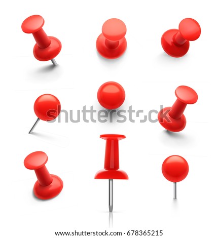 Set of push pins in different angles. Vector illustration.