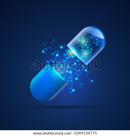 concept of health care technology, graphic of realistic transparent pill with abstract futuristic DNA inside