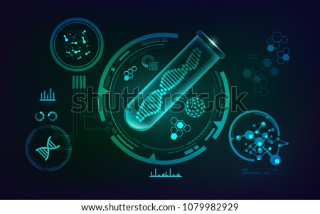 concept of genetic engineering, vector of realistic test tube and shape of dna inside with science technology analysis interface