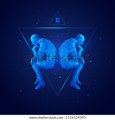 vector of gemini horoscope sign in twelve zodiac with galaxy stars background, graphic of polygon man thinking