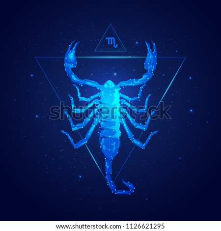 scorpio horoscope sign in twelve zodiac with galaxy stars background, graphic of wireframe scorpion