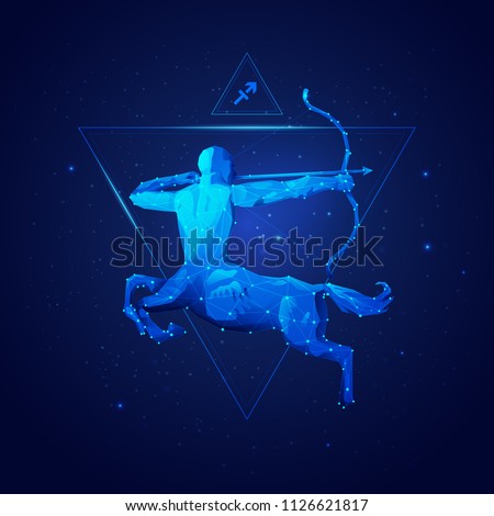 sagittarius horoscope sign in twelve zodiac with galaxy stars background, graphic of wireframe centaur