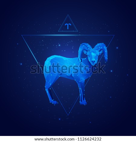 aries horoscope sign in twelve zodiac with galaxy stars background, graphic of wireframe sheep 