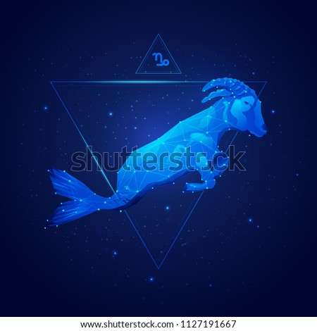 capricorn horoscope sign in twelve zodiac with galaxy stars background, graphic of wireframe goat 