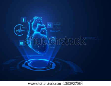 concept of cardiology technology, realistic heart with medical health care hologram