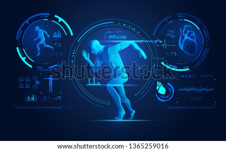 concept of sport science technology, running man with medical analysis interface