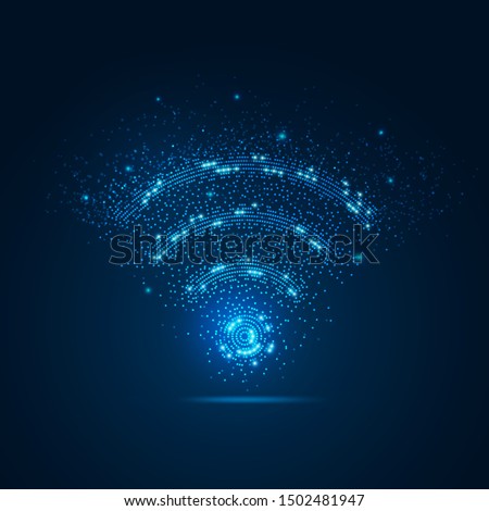 concept of communication technology, dotted wifi sign with blue particle