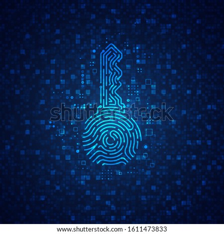 concept of cyber security or private key in cryptocurrency technology, shape of key combined with fingerprint and electronic pattern