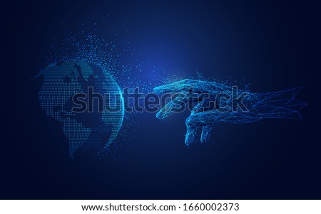 concept of machine learning or internet of things (IOT), futuristic polygon hand reaching to dotted globe