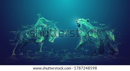 concept of stock market exchange or financial technology, polygon bull and bear with futuristic element Foto stock © 
