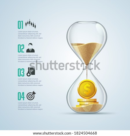 business metaphor - time is money, graphic of sandglass with golden coins inside
