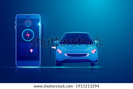 concept of EV charger station application on mobile, graphic of electric car charging by mobile phone