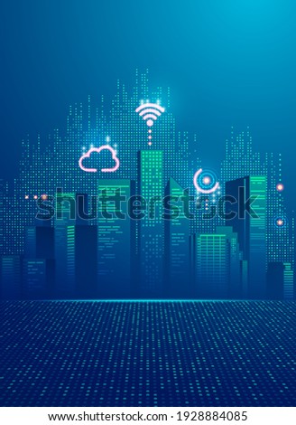 concept of smart city, graphic of buildings with digital technology element