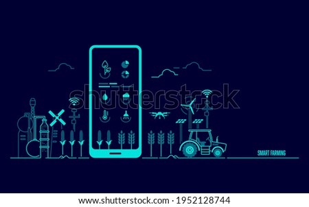 concept of smart farming or agritech, graphic of mobile phone with agriculture technology application and farming environment