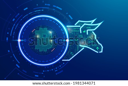 concept of cryptocurrency bullish, graphic of bitcoin with bull market and financial element