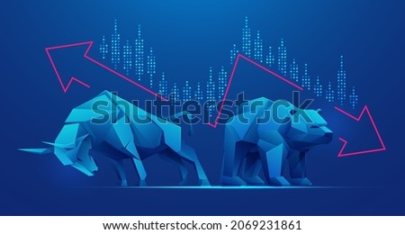 concept of stock market exchange or financial analysis, polygon bull and bear with futuristic element