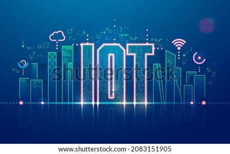 concept of internet of things technology or smart city, graphic of buildings with futuristic industry element