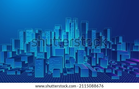concept of smart city or digital twin in construction industry, graphic of buildings with digital technology element