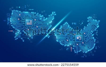 concept of microchip war or chip war, graphic of USA map and China map combined with circuit board