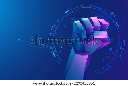 concept of digital revolution or digital transformation, graphic of low poly rising fist with futuristic element