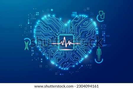 concept of cardiology or heart health, graphic of heart and pulse wave shape combined with electronic board pattern 
