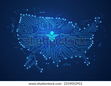 concept of technology industries in USA, graphic of united states map combined with circuit pattern