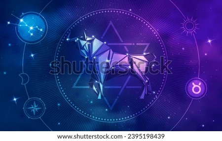 taurus horoscope sign in twelve zodiac with galaxy stars background, graphic of low poly bull with futuristic astrological element