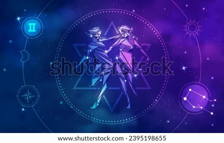 Gemini horoscope sign in twelve zodiac with galaxy stars background, graphic of low poly young lady twins with futuristic astrological element