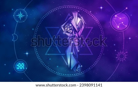 Aquarius horoscope sign in twelve zodiac with galaxy stars background, graphic of low poly Greek character with futuristic astrological element