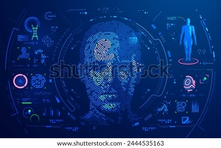 concept of digital forensic or biometrics, graphic of man face combined with fingerprint pattern and futuristic interface