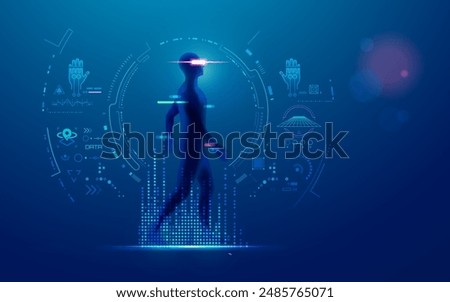 concept of vr or virtual reality, graphic of man with laser element using augmented reality interface